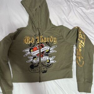 Ed Hardy Khaki Hoodie and pants with Heart Graphic and Gold Accents